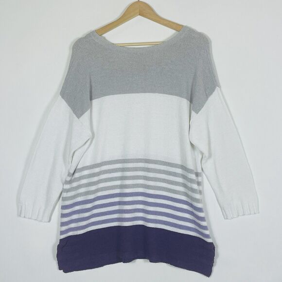 Chico's White Grey Purple Stripe 3/4 Sleeve‎ Nubby Knit Sweater Womens 1 Medium - Picture 4 of 7